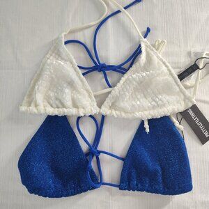 Pretty Little Thing Bikini Triangle Top Lot (2) Blue Lurex & White Size 4